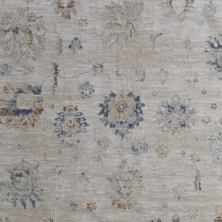 8' X 10' Ivory Taupe and Blue Floral Power Loom Worn Faded Area Rug With Fringe