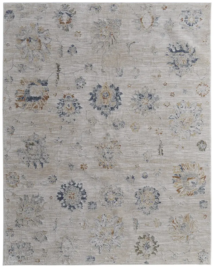 8' X 10' Ivory Taupe and Blue Floral Power Loom Worn Faded Area Rug With Fringe