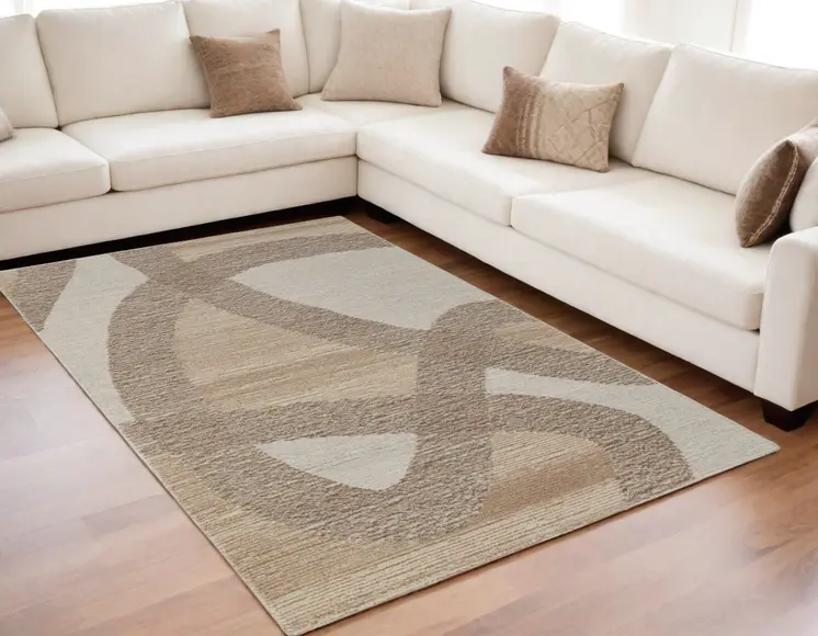 5' X 8' Brown Tan and Ivory Wool Abstract Hand Tufted Area Rug