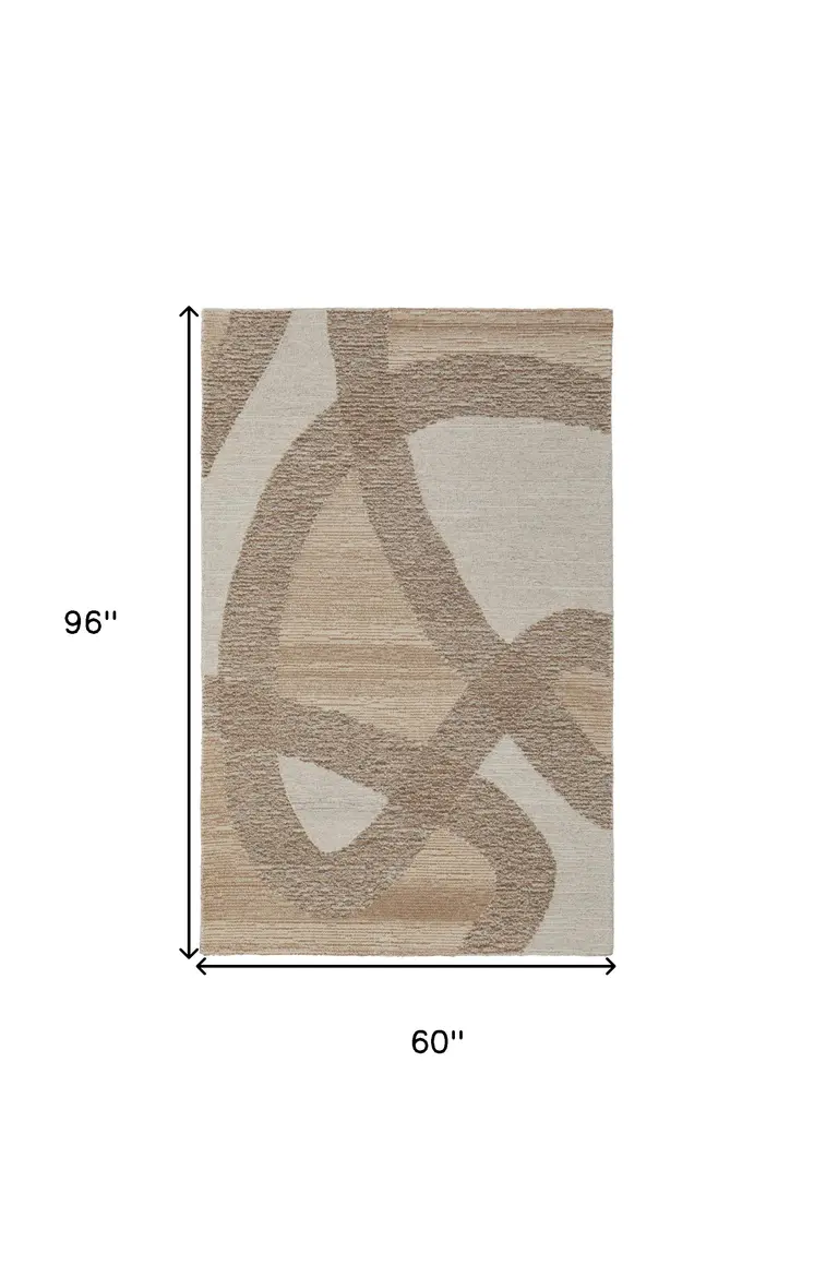 5' X 8' Brown Tan and Ivory Wool Abstract Hand Tufted Area Rug