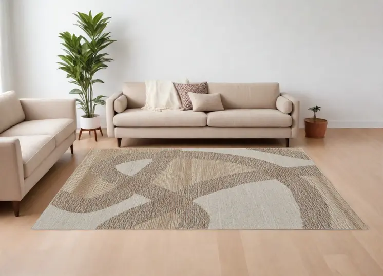 8' X 10' Brown Tan and Ivory Wool Abstract Hand Tufted Area Rug