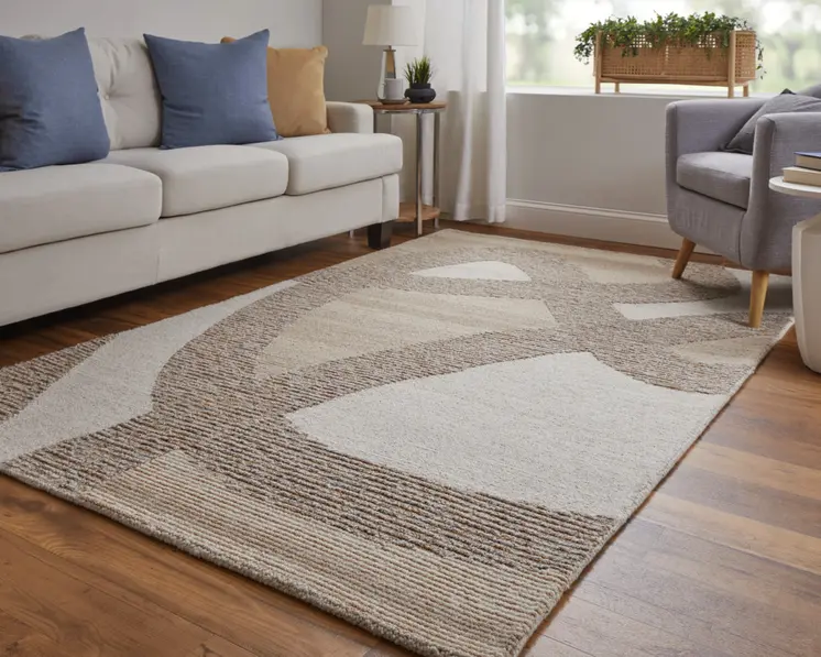 2' X 3' Brown Tan and Ivory Wool Abstract Hand Tufted Area Rug