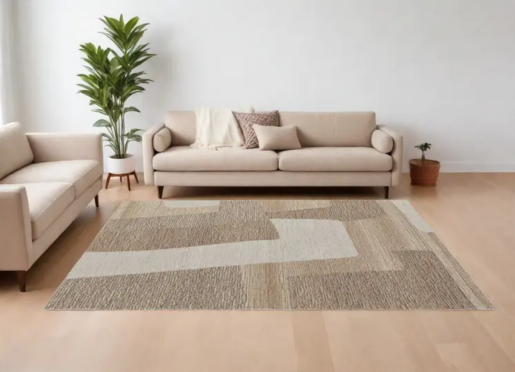 9' X 12' Brown Tan and Ivory Wool Abstract Hand Tufted Area Rug