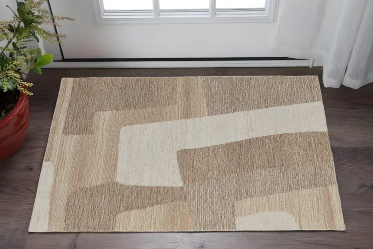 2' X 3' Brown Tan and Ivory Wool Abstract Hand Tufted Area Rug