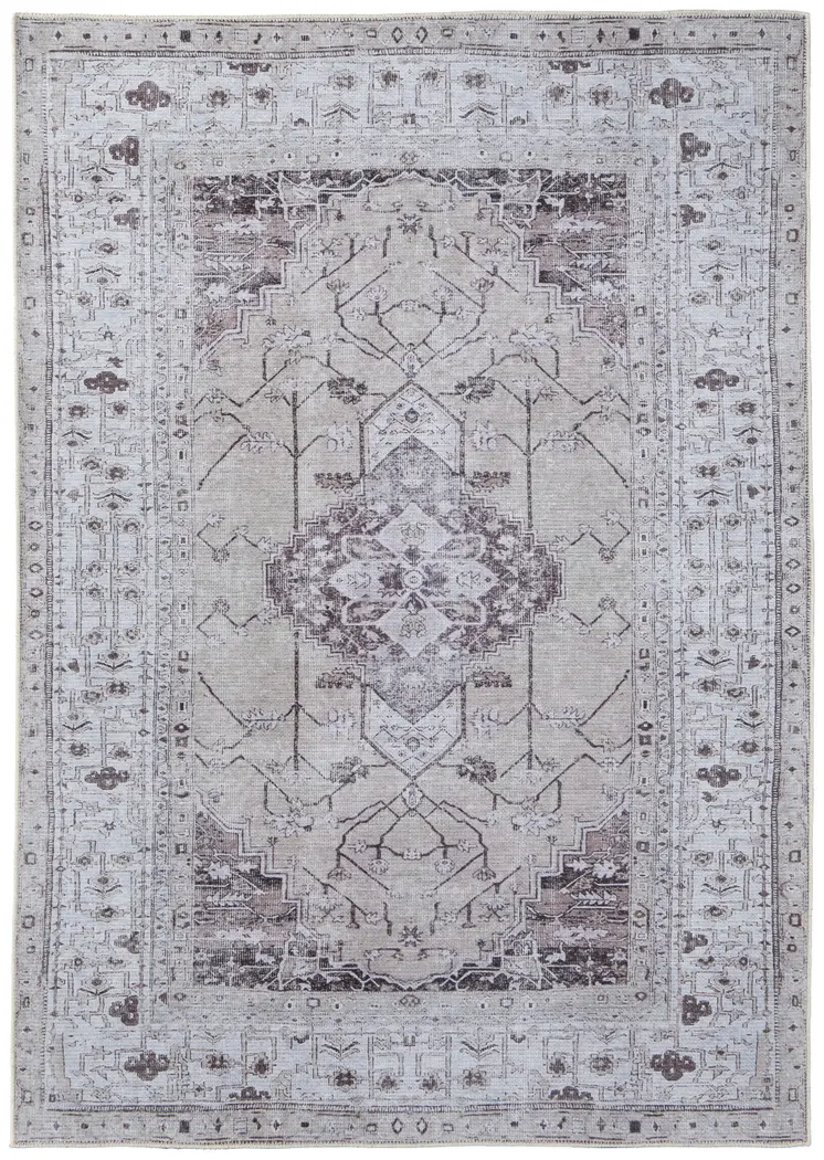4' X 6' Gray Tan and Ivory Oriental Power Loom Worn Faded Washable Area Rug