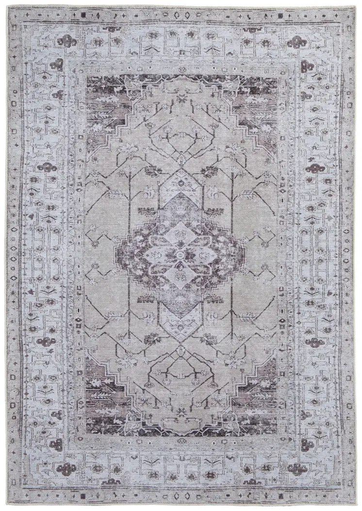 5' X 8' Gray Tan and Ivory Oriental Power Loom Worn Faded Washable Area Rug