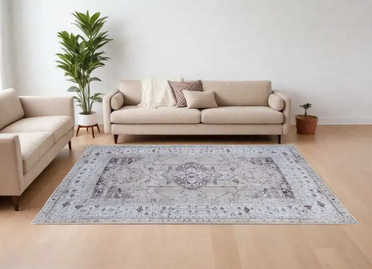 8' X 10' Gray Tan and Ivory Oriental Power Loom Worn Faded Washable Area Rug