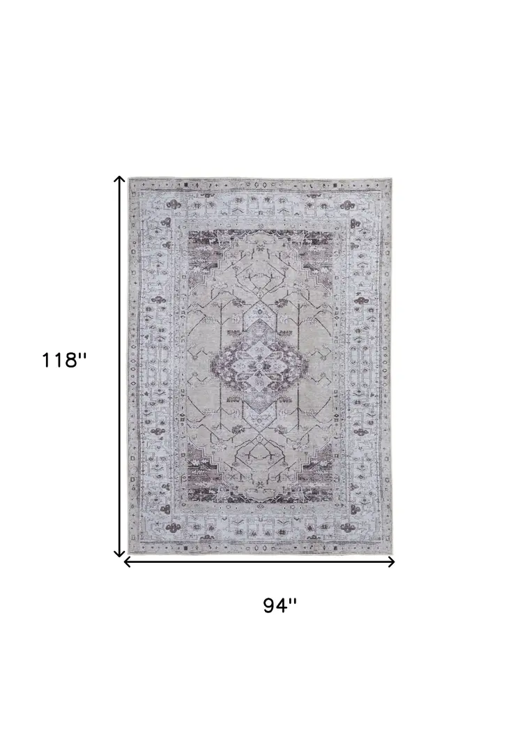 8' X 10' Gray Tan and Ivory Oriental Power Loom Worn Faded Washable Area Rug
