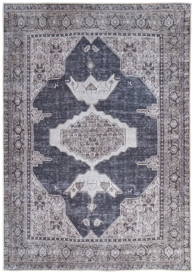 5' X 8' Gray Taupe and Ivory Oriental Power Loom Washable Area Rug