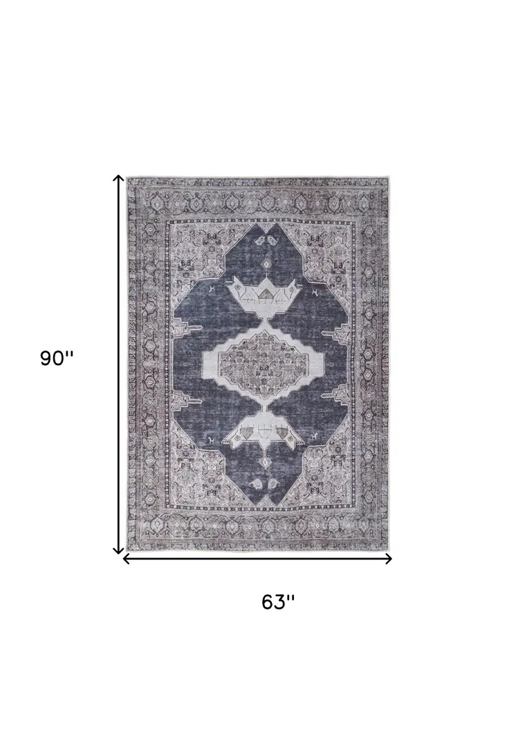 5' X 8' Gray Taupe and Ivory Oriental Power Loom Washable Area Rug