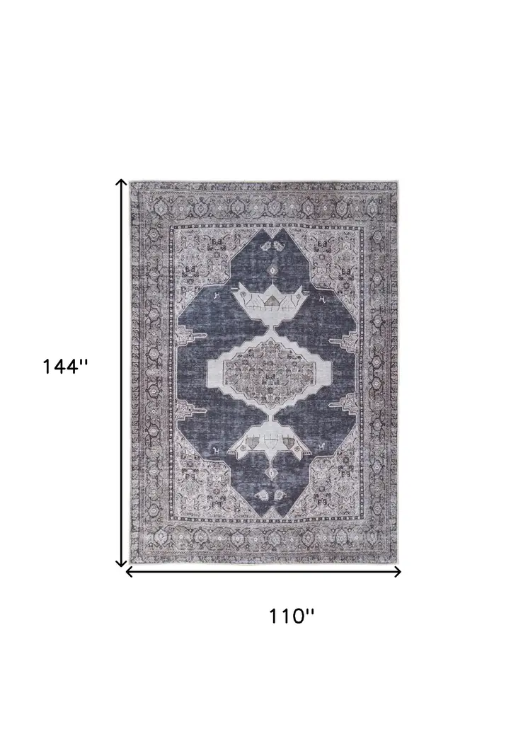 9' X 12' Gray Taupe and Ivory Oriental Power Loom Washable Area Rug