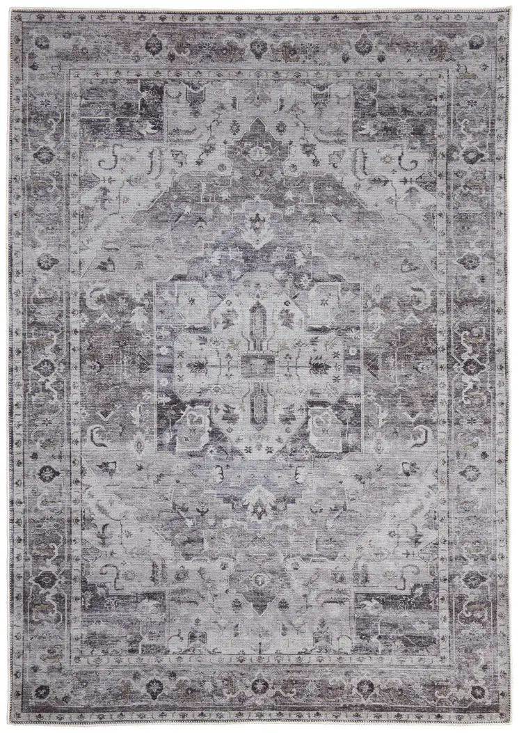4' X 6' Gray and Ivory Oriental Power Loom Worn Faded Washable Area Rug