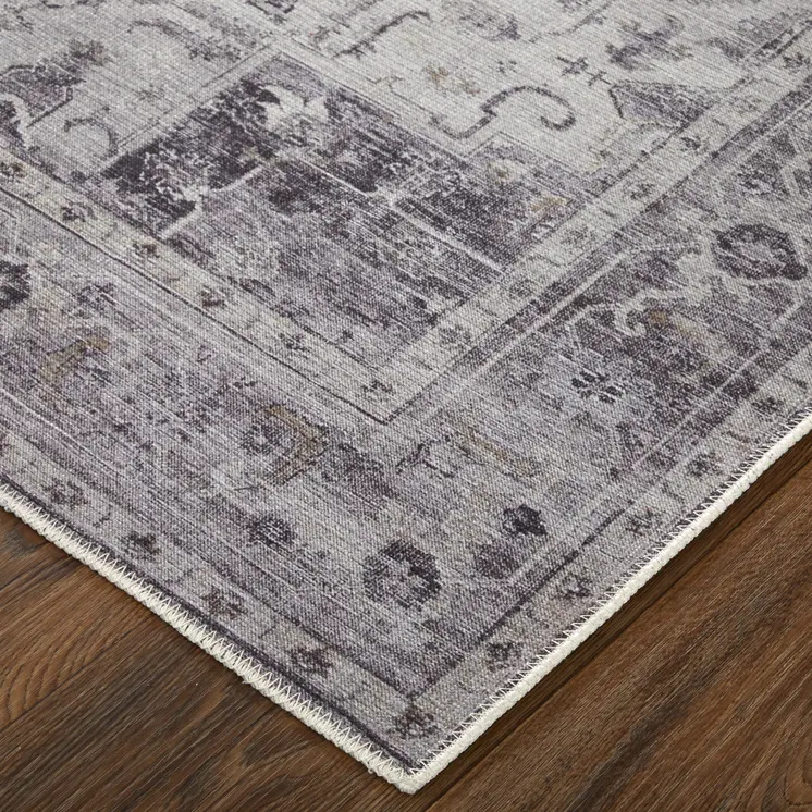 5' X 8' Gray and Ivory Oriental Power Loom Worn Faded Washable Area Rug