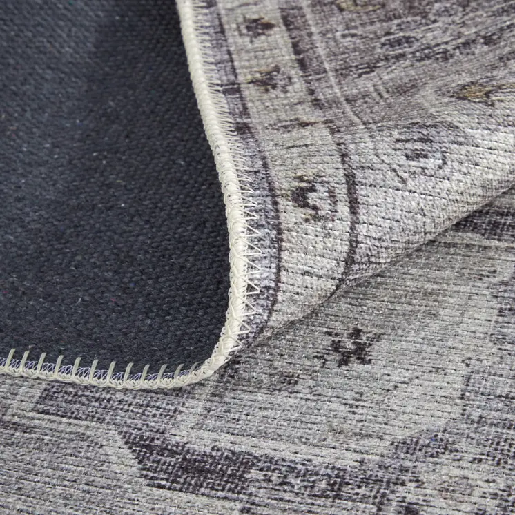 5' X 8' Gray and Ivory Oriental Power Loom Worn Faded Washable Area Rug