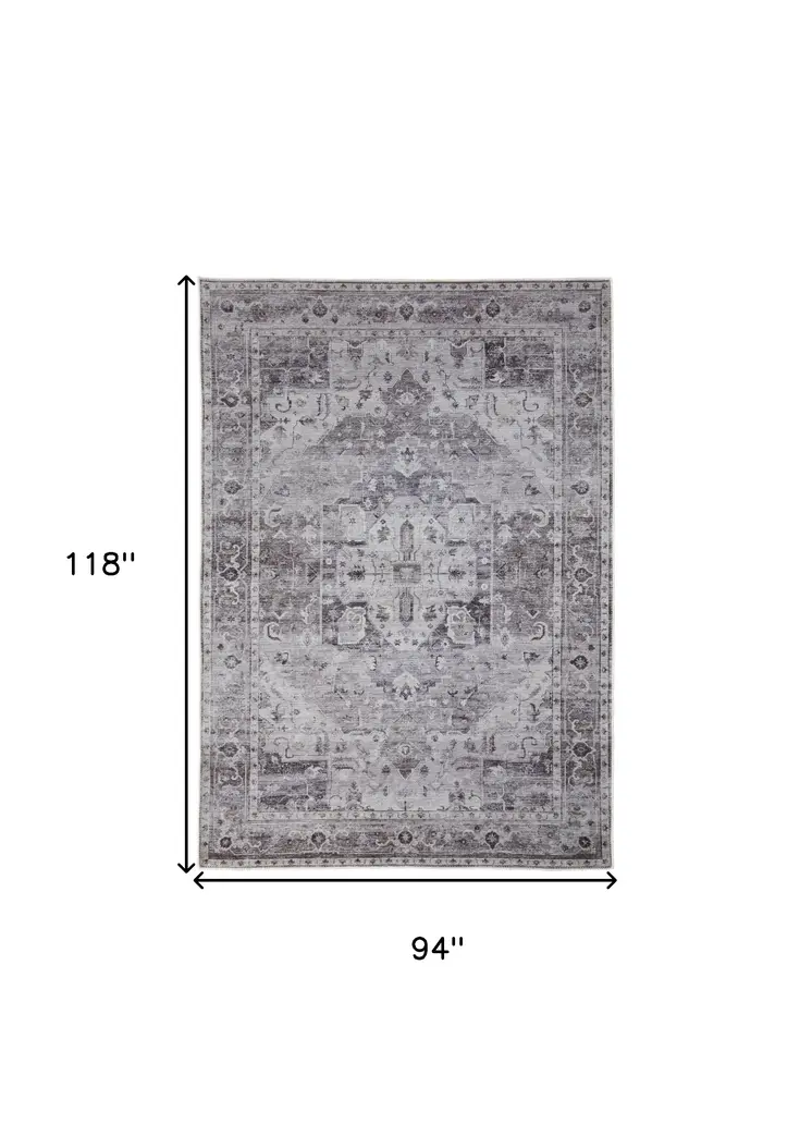 8' X 10' Gray and Ivory Oriental Power Loom Worn Faded Washable Area Rug