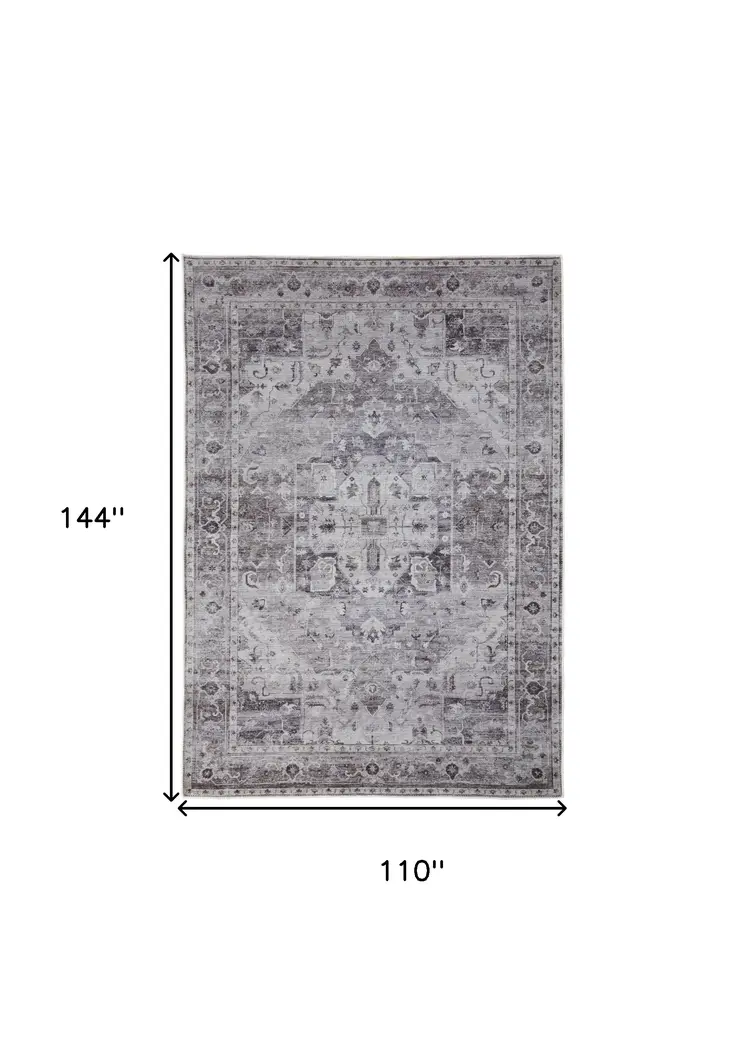 9' X 12' Gray and Ivory Oriental Power Loom Worn Faded Washable Area Rug