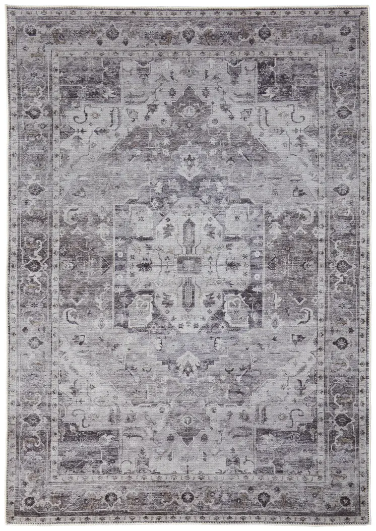 9' X 12' Gray and Ivory Oriental Power Loom Worn Faded Washable Area Rug