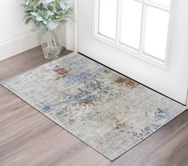 2' X 3' Red Blue and Ivory Abstract Power Loom Area Rug