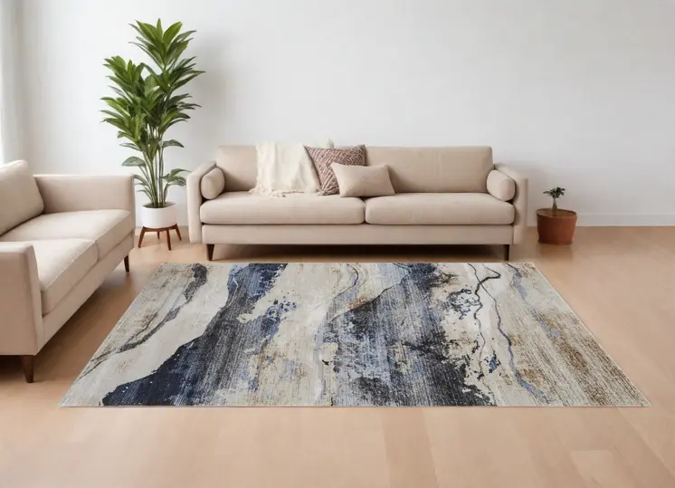 9' X 13' Blue Gray and Tan Abstract Power Loom Area Rug