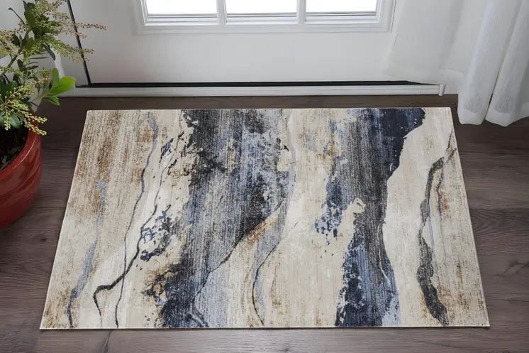2' X 3' Blue Gray and Tan Abstract Power Loom Area Rug
