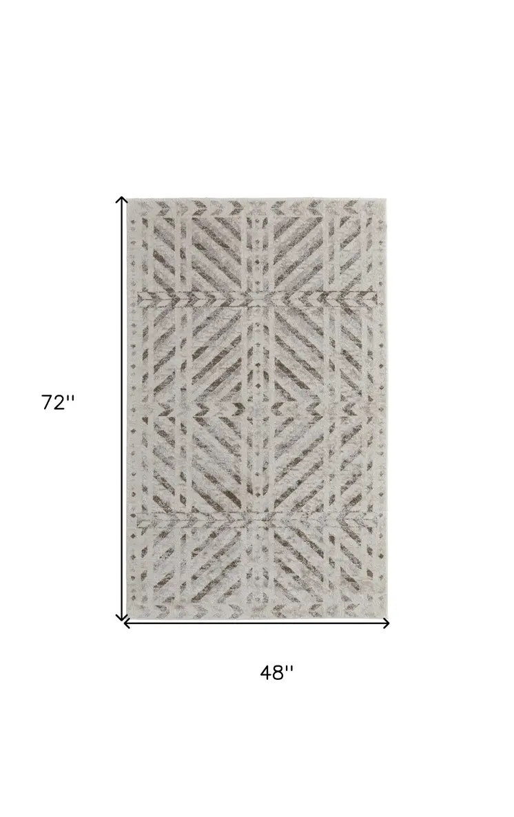 4' X 6' Ivory and Brown Geometric Power Loom Area Rug