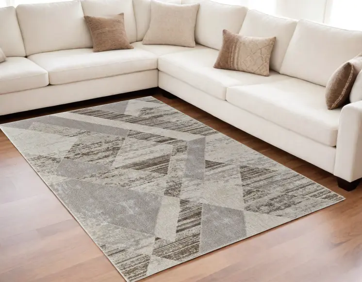 5' X 8' Ivory Gray and Brown Geometric Power Loom Area Rug
