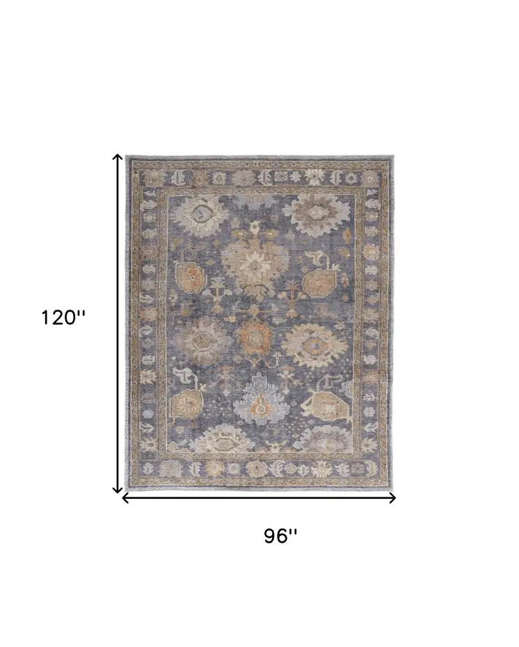 8' X 10' Blue Gray and Tan Oriental Hand Knotted Worn Faded Area Rug