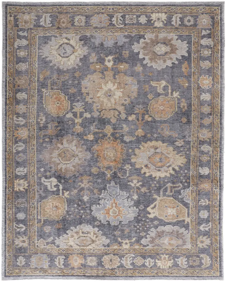 8' X 10' Blue Gray and Tan Oriental Hand Knotted Worn Faded Area Rug