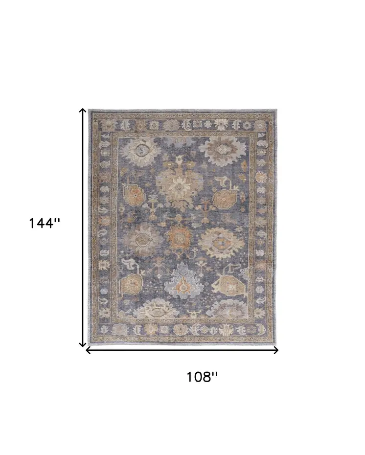 9' X 12' Blue Gray and Tan Oriental Hand Knotted Worn Faded Area Rug