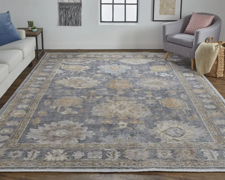 2' X 3' Blue Gray and Tan Oriental Hand Knotted Worn Faded Area Rug