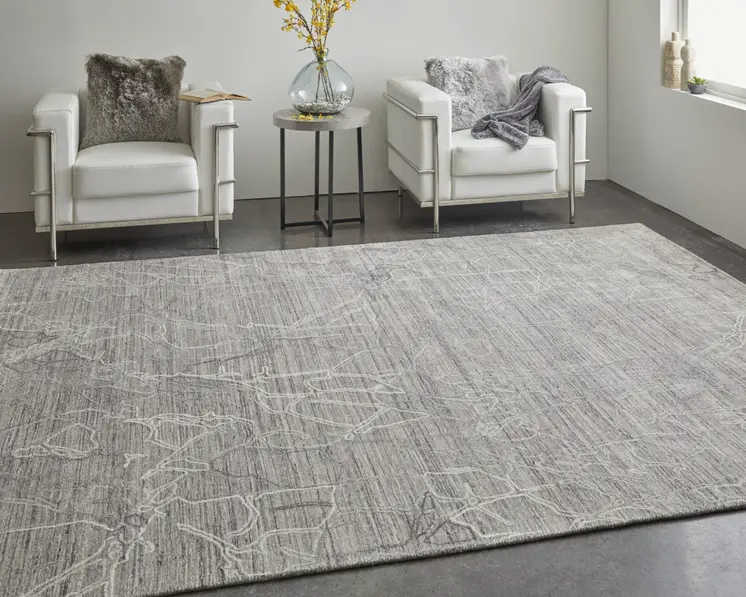 10' X 14' Gray and Ivory Abstract Hand Woven Worn Faded Area Rug