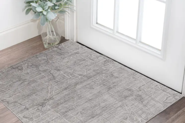 2' X 3' Gray and Ivory Abstract Hand Woven Worn Faded Area Rug
