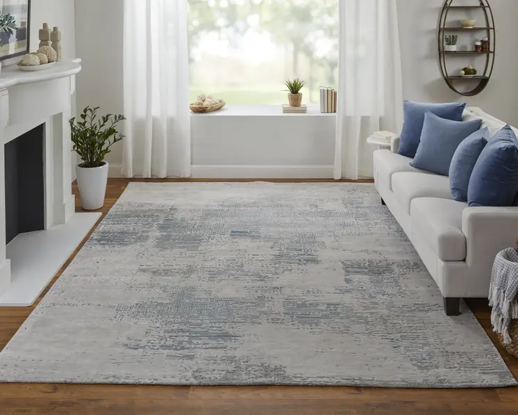 10' X 14' Gray Taupe and Blue Abstract Hand Tufted Area Rug