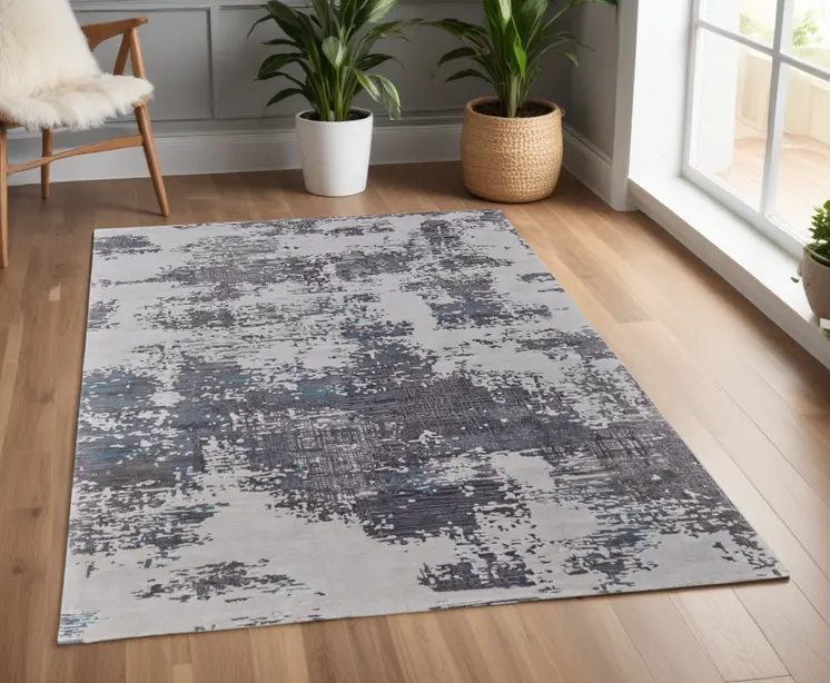 4' X 6' Ivory Brown and Blue Abstract Hand Tufted Area Rug