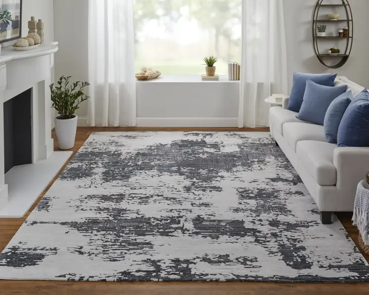 5' X 8' Ivory Brown and Blue Abstract Hand Tufted Area Rug