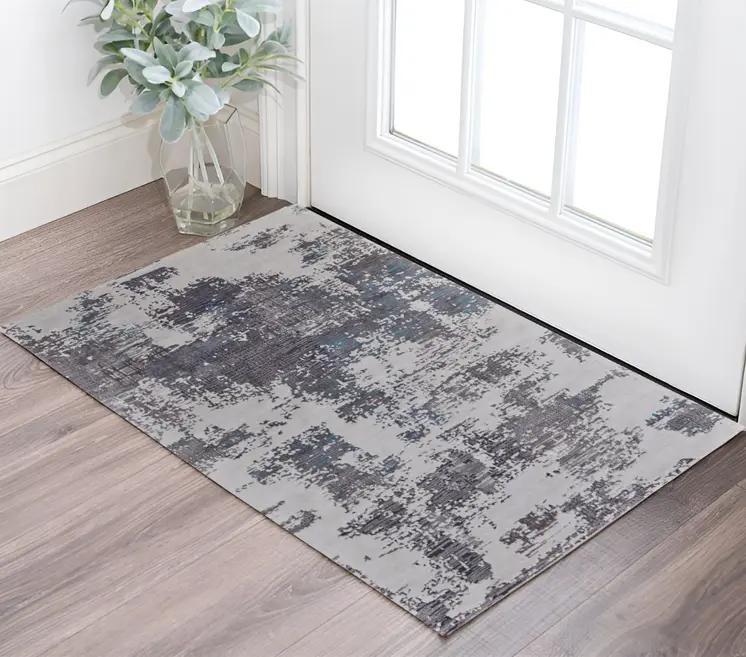 2' X 3' Ivory Brown and Blue Abstract Hand Tufted Area Rug