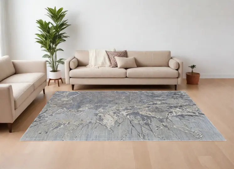 8' X 10' Ivory Taupe and Green Abstract Hand Tufted Worn Faded Area Rug
