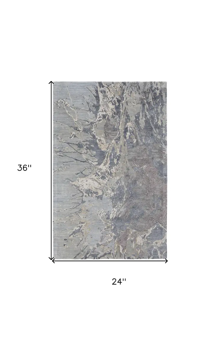 2' X 3' Ivory Taupe and Green Abstract Hand Tufted Worn Faded Area Rug