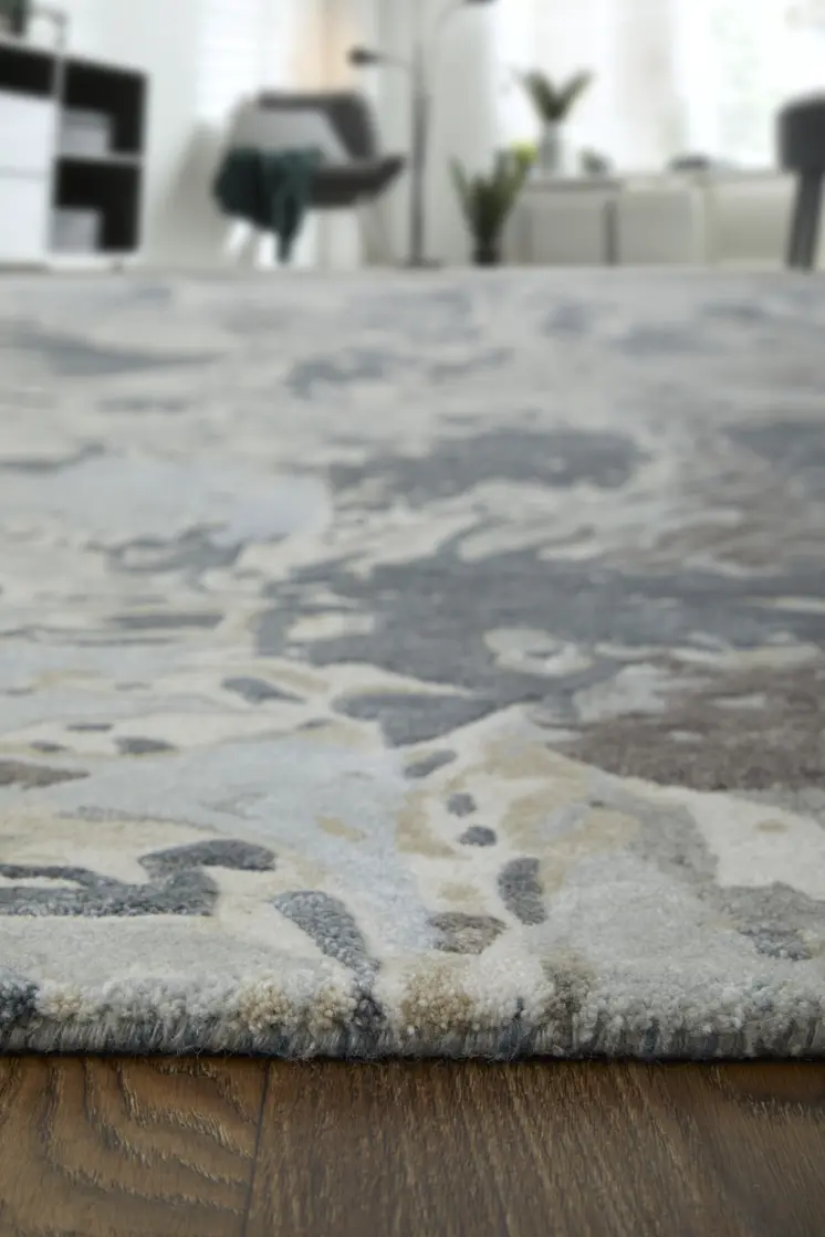 2' X 3' Ivory Taupe and Green Abstract Hand Tufted Worn Faded Area Rug