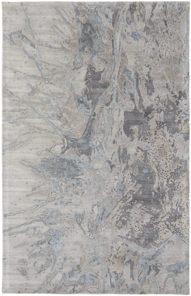 4' X 6' Gray Tan and Green Abstract Hand Tufted Worn Faded Area Rug