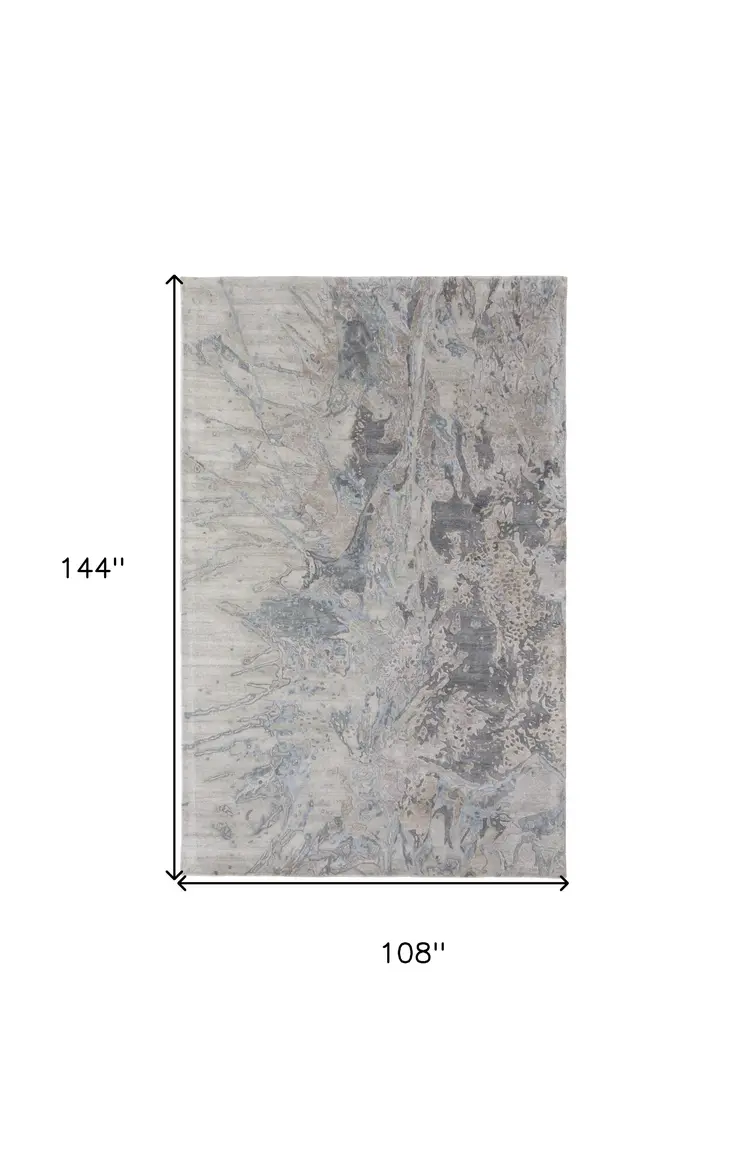 9' X 12' Gray Tan and Green Abstract Hand Tufted Worn Faded Area Rug