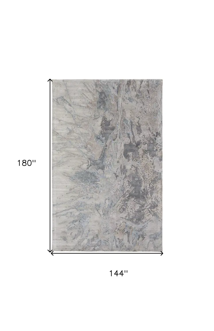12' X 15' Gray Tan and Green Abstract Hand Tufted Worn Faded Area Rug