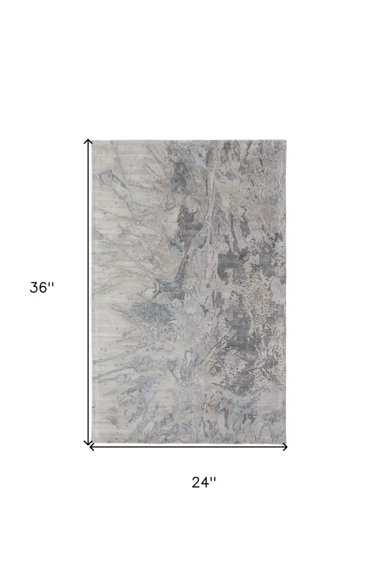 2' X 3' Gray Tan and Green Abstract Hand Tufted Worn Faded Area Rug