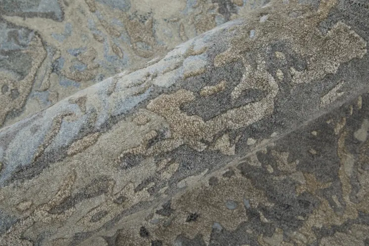 2' X 3' Gray Tan and Green Abstract Hand Tufted Worn Faded Area Rug