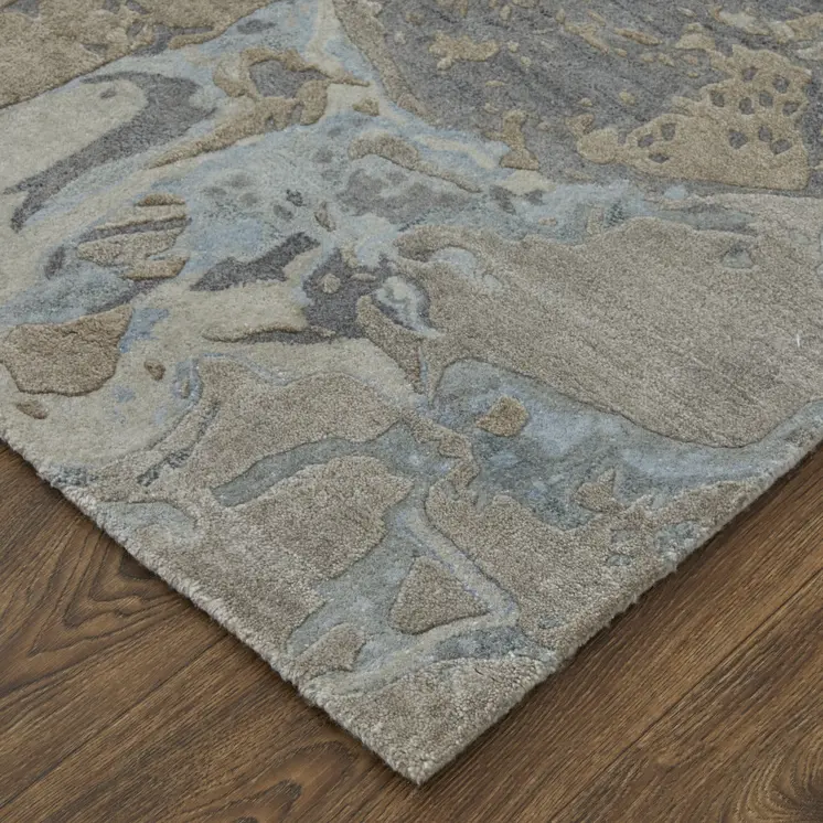 2' X 3' Gray Tan and Green Abstract Hand Tufted Worn Faded Area Rug