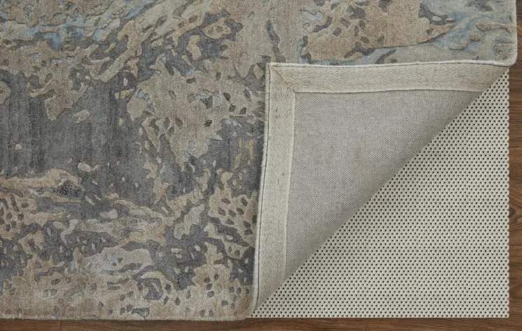 2' X 3' Gray Tan and Green Abstract Hand Tufted Worn Faded Area Rug