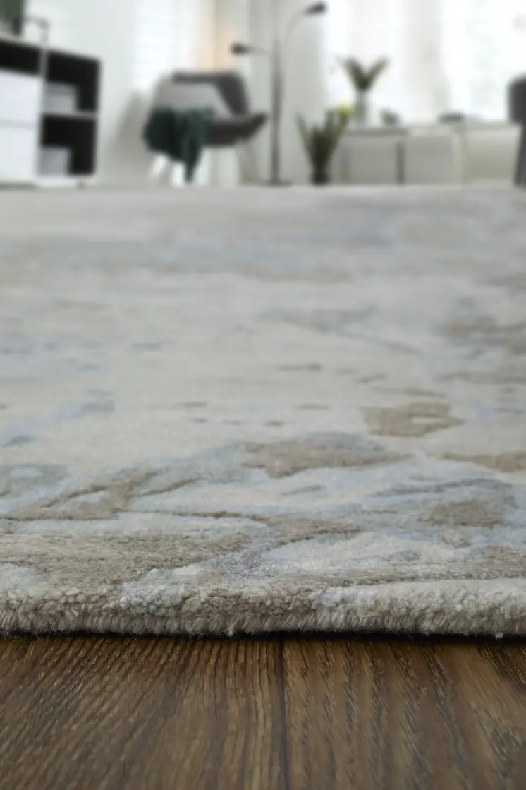 2' X 3' Gray Tan and Green Abstract Hand Tufted Worn Faded Area Rug