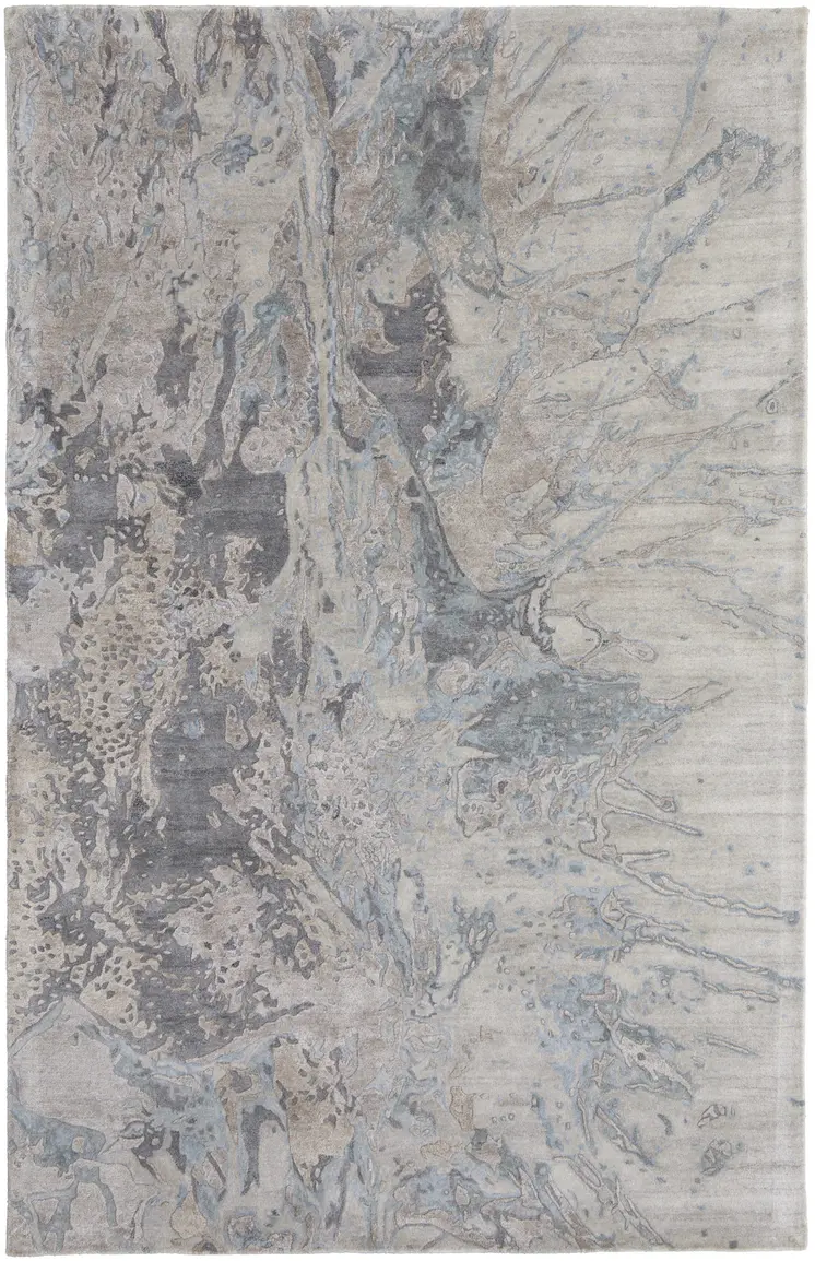 2' X 3' Gray Tan and Green Abstract Hand Tufted Worn Faded Area Rug