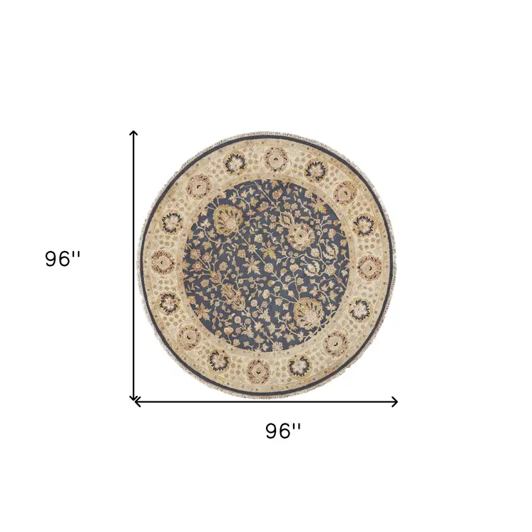 8' Black Brown and Gold Wool Oriental Hand Knotted Round Rug