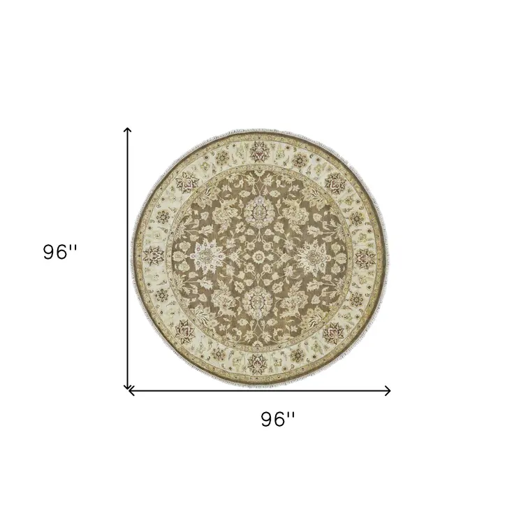 8' Brown Gold and Tan Wool Oriental Hand Knotted Round Rug